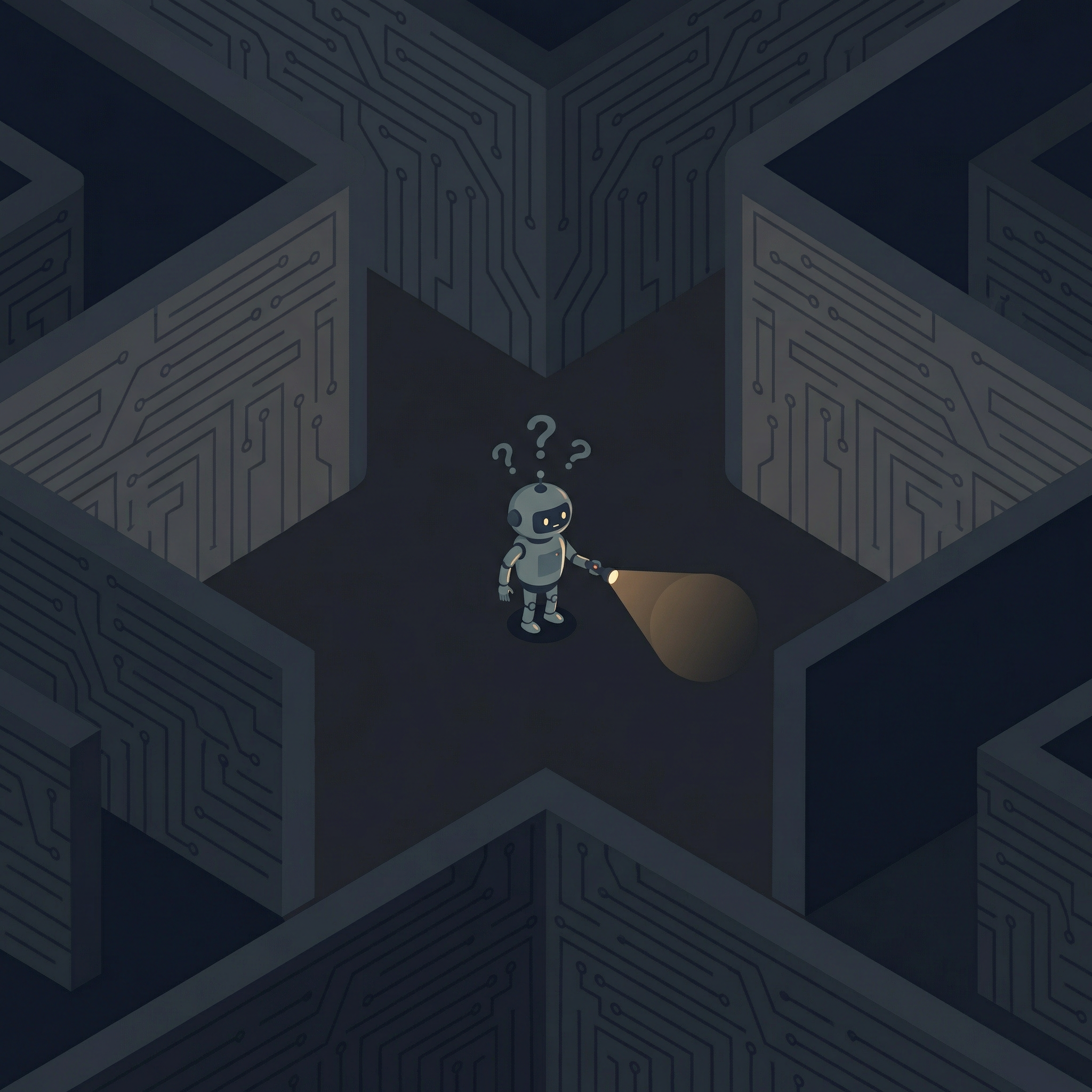 AI agent lost in a dark maze with only a small flashlight
