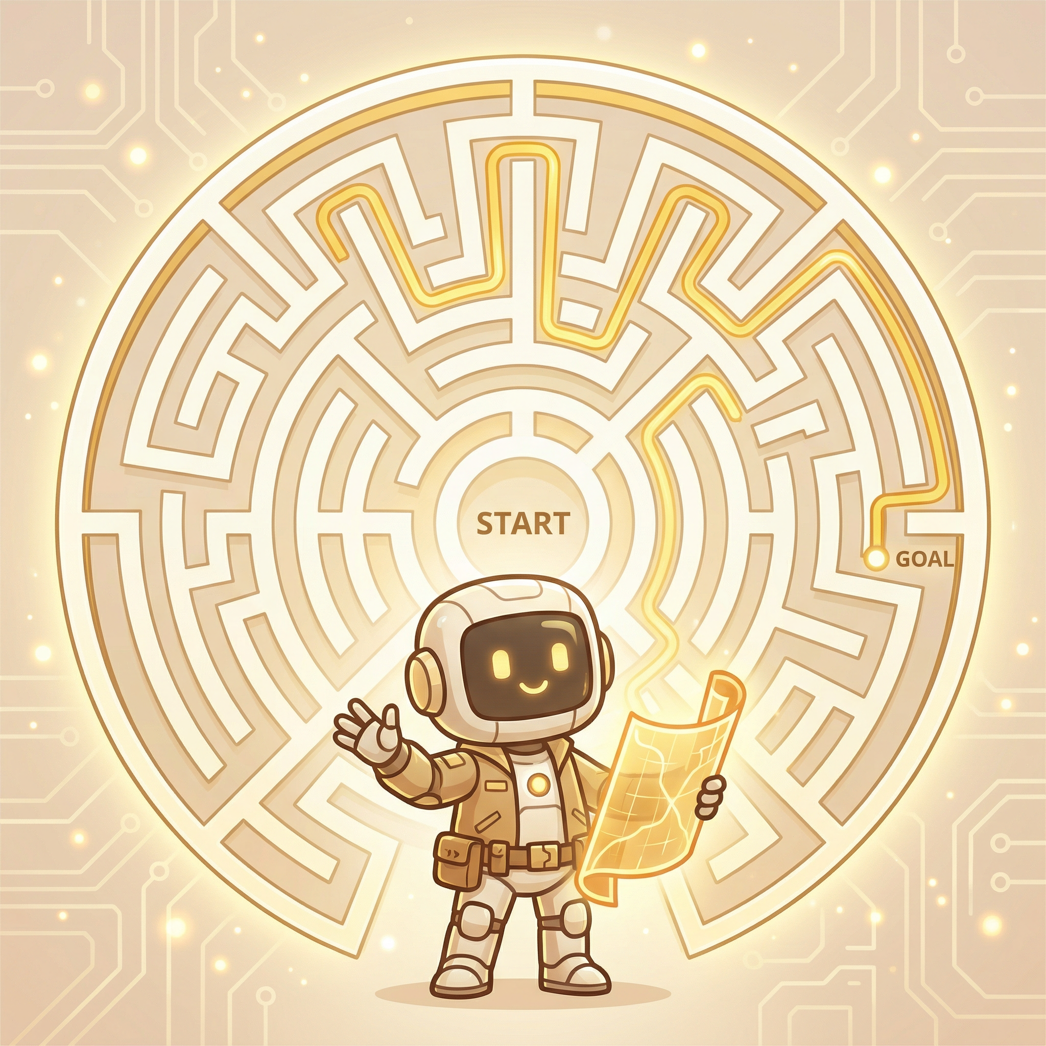 AI agent confidently holding a map with a clear path through the maze